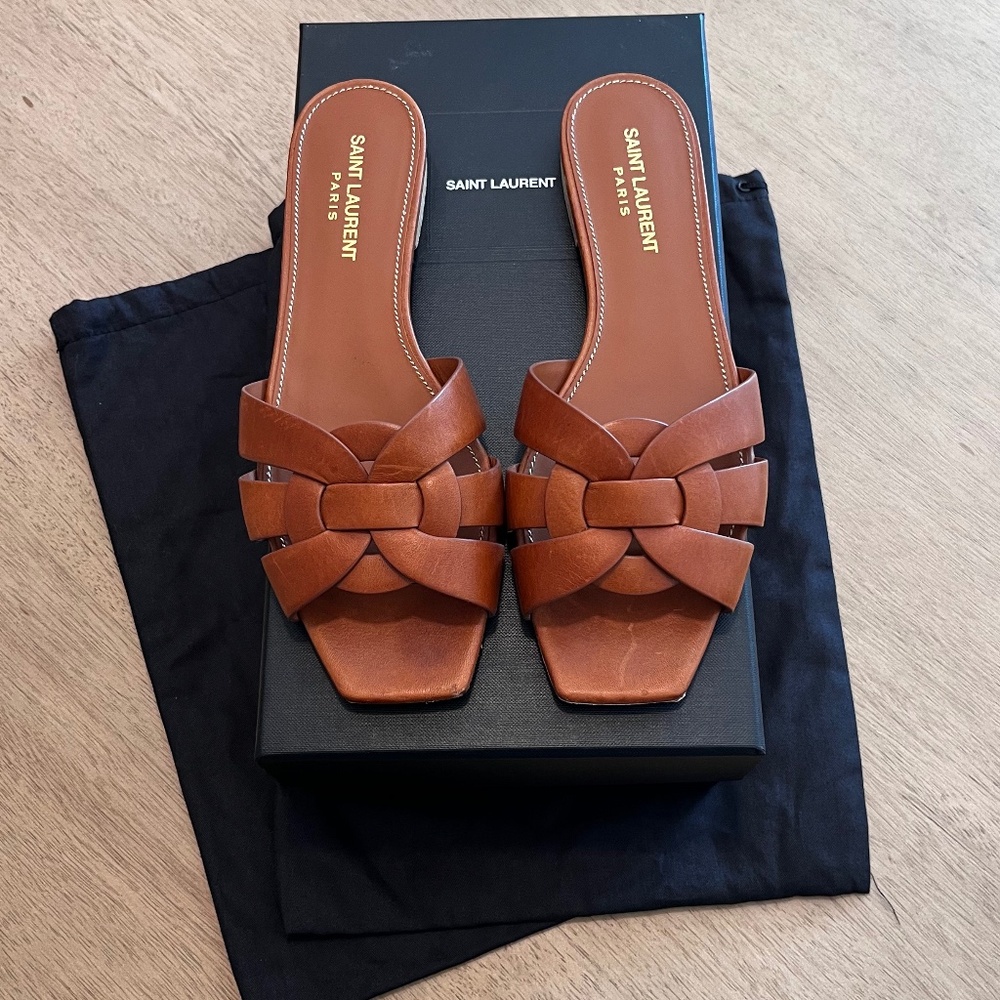 YSL Saint Laurent Tribute Leather Slide Sandal in Brown EU Size 38/US Size 7.5